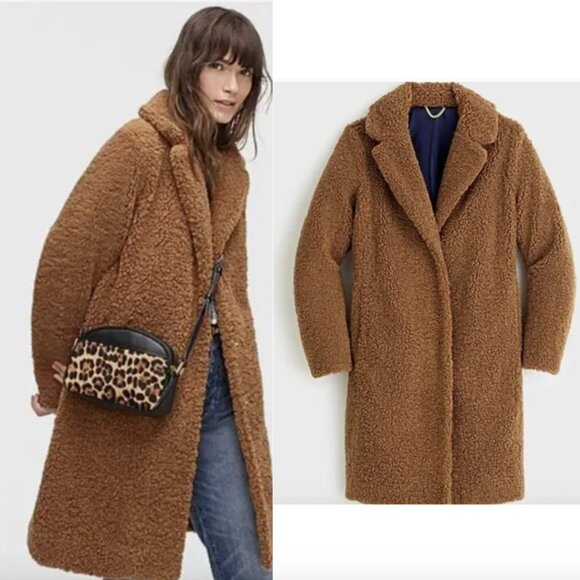 J. Crew Teddy Sherpa Coat Brown Long Cozy Winter Fall Coat Small - Picture 1 of 15